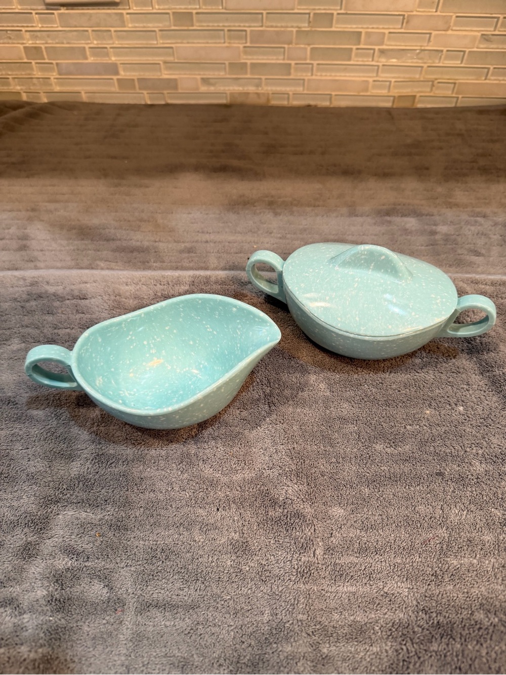 Vintage MCM Turquoise Blue Confetti Melmac Sugar Bowl and Creamer Set Speckled